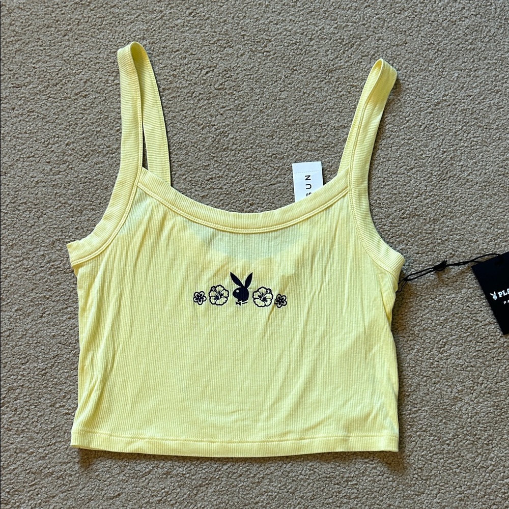 PLAYBOY Yellow Ribbed Cropped Tank with Black Bunny Logo